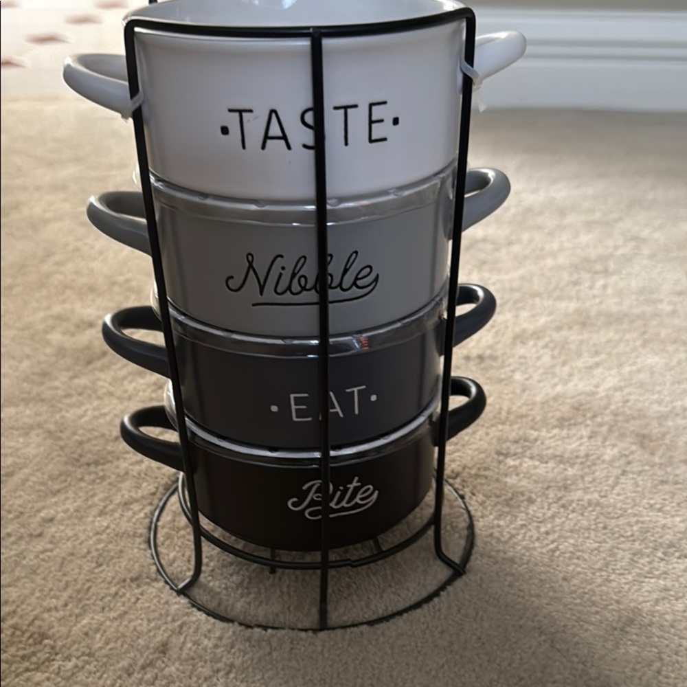 Boston Warehouse Stackable Ceramic Bowl Set with Stand - Black, Gray, White